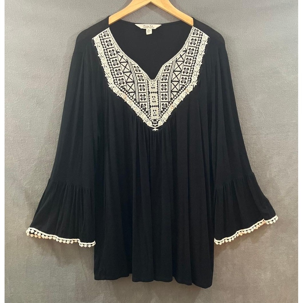 Krazy Kat Womens Embroidered Lace Bell Sleeve Tunic Top Black Boho Casual XL